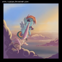 Size: 800x800 | Tagged: safe, artist:cgigal, fluttershy, rainbow dash, pegasus, pony, cloud, cloudy, female, filly, flying lesson, mouth hold, tail pull, younger