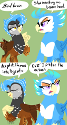 Size: 1023x1900 | Tagged: safe, artist:angexci, derpibooru import, oc, oc only, oc:anger parrot, oc:sdrow land, griffon, comic, dialogue, duo, female, green background, griffon oc, griffonized, griffsona, parrot griffon, simple background, species swap, speech bubble