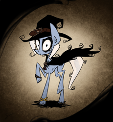 Size: 1458x1579 | Tagged: safe, artist:chef j, derpibooru import, trixie, pony, unicorn, alternate costumes, alternate universe, amulet, cloak, clothes, female, hat, mare, solo, style emulation, sword rara, tim burton, wicxie, witch