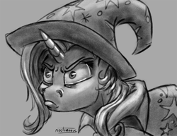 Size: 1100x850 | Tagged: safe, artist:noctomaeus, derpibooru import, trixie, pony, unicorn, road to friendship, angry, bust, cape, clothes, female, glare, grayscale, hat, mare, monochrome, portrait, solo, trixie's cape, trixie's hat