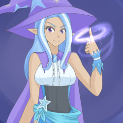 Size: 1280x1280 | Tagged: safe, artist:jonfawkes, derpibooru import, trixie, human, dark skin, elf ears, humanized, magic, solo