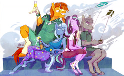 Size: 1280x787 | Tagged: safe, artist:ursa, derpibooru import, maud pie, starlight glimmer, sunburst, trixie, anthro, earth pony, unguligrade anthro, unicorn, champagne, female, glass, glasses, kite, looking at each other, male, sitting, smiling, wine glass