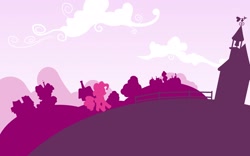 Size: 1920x1200 | Tagged: safe, artist:philiptomkins, pinkie pie, earth pony, pony, cloud, female, hooves, lineless, mare, minimalist, ponyville, ponyville schoolhouse, school, silhouette, solo, wallpaper