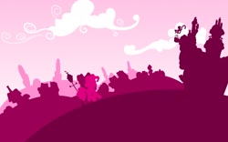 Size: 1920x1200 | Tagged: safe, artist:philiptomkins, part of a set, pinkie pie, earth pony, pony, cloud, female, hooves, lineless, mare, minimalist, ponyville, profile, silhouette, solo, sugarcube corner, wallpaper