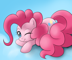 Size: 900x747 | Tagged: dead source, safe, artist:maplesunrise, pinkie pie, earth pony, pony, cute, diapinkes, female, mare, one eye closed, prone, solo