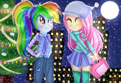 Size: 1983x1366 | Tagged: safe, artist:vixelzf, fluttershy, rainbow dash, equestria girls, christmas, clothes, eyes closed, humanized, pony coloring, ponytail, scarf, skirt, smiling, socks, starry eyes, sweater, sweatershy, thigh highs, wingding eyes, zettai ryouiki