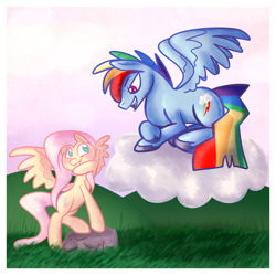 Size: 944x939 | Tagged: safe, artist:miniyuna, fluttershy, rainbow blitz, rainbow dash, pegasus, pony, blushing, cloud, duo, eye contact, female, flutterblitz, flutterdash, grass, half r63 shipping, male, open mouth, prone, rock, rule 63, shipping, smiling, spread wings, straight