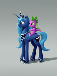 Size: 1500x2000 | Tagged: safe, artist:ivg89, princess luna, spike, alicorn, dragon, pony, dragons riding ponies, duo, s1 luna