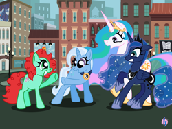 Size: 2000x1500 | Tagged: safe, artist:princesshighmist, derpibooru import, minty, princess celestia, princess luna, trixie, alicorn, pony, unicorn, female, manehattan, mare, surprised