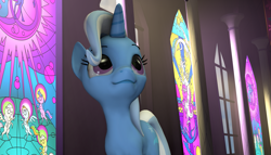 Size: 1887x1080 | Tagged: safe, artist:ivoryquest, derpibooru import, trixie, pony, unicorn, 3d, female, mare, smiling, stained glass, window