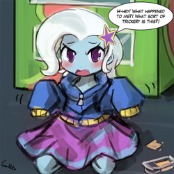 Size: 750x750 | Tagged: safe, artist:lumineko, derpibooru import, trixie, equestria girls, age regression, angry, cute, dialogue, diatrixes, open mouth, peanut butter crackers, solo, speech bubble, that human sure does love peanut butter crackers, yelling, younger