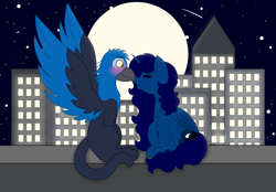 Size: 5549x3872 | Tagged: safe, artist:midnightamber, derpibooru import, oc, oc only, oc:gerald, oc:midnight, alicorn, griffon, pony, alicorn oc, blushing, boop, building, female, griffon oc, leg in air, male, mare, moon, night, night sky, noseboop, oc x oc, rooftop, shipping, sky, smiling, spread wings, stars, straight, wings