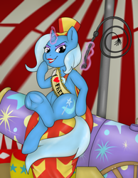 Size: 1400x1800 | Tagged: safe, artist:pavlovzdawg, derpibooru import, trixie, pony, cannon, circus, clothes, lipstick, solo, whip