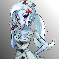 Size: 700x700 | Tagged: safe, artist:weiliy, derpibooru import, trixie, equestria girls, cleavage, crossover, eyepatch, female, nurse, skullgirls, solo, syringe, valentine (skullgirls)