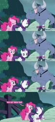 Size: 839x1848 | Tagged: safe, edit, edited screencap, screencap, iron will, pinkie pie, rarity, earth pony, minotaur, pony, unicorn, putting your hoof down, comic, dialogue, female, fourth wall, hub logo, hubble, looking at you, male, mare, microphone, necktie, nose piercing, nose ring, piercing, screencap comic, smiling, thumbs up, trio