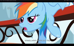 Size: 1680x1050 | Tagged: safe, screencap, rainbow dash, pegasus, pony, applebuck season, boris yeltsin, ei, hub logo, solo, youtube caption