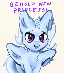 Size: 1614x1840 | Tagged: safe, artist:xbi, derpibooru import, trixie, alicorn, pony, unicorn, alicornified, cheek fluff, chest fluff, context is for the weak, ear fluff, ears, engrish, female, lidded eyes, looking at you, mare, multiple ears, not salmon, open mouth, race swap, simple background, smiling, solo, text, this isn't even my final form, trixiecorn, wat, what has magic done, white background, wing ears, wing fluff, wtf