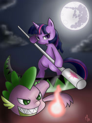 Size: 2400x3200 | Tagged: safe, artist:gatodelfuturo, derpibooru import, spike, twilight sparkle, dragon, grin, high res, makalight albarn, moon, parody, soul eater, soulpike evans