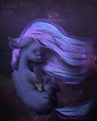 Size: 1024x1280 | Tagged: safe, artist:pessadie, princess luna, alicorn, pony, both cutie marks, dock, eyes closed, floppy ears, solo, space, spread wings