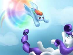 Size: 1024x768 | Tagged: safe, artist:chickentech, rainbow dash, rarity, pegasus, pony, unicorn, sonic rainboom (episode), cloud, scene interpretation, sky, sonic rainboom