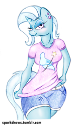 Size: 700x1112 | Tagged: safe, artist:sparkdraws, derpibooru import, trixie, anthro, bedroom eyes, blushing, clothes, ear piercing, piercing, shorts, t-shirt, traditional art, wide hips