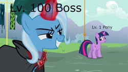 Size: 564x317 | Tagged: safe, derpibooru import, edit, edited screencap, screencap, trixie, twilight sparkle, unicorn twilight, pony, unicorn, magic duel, alicorn amulet, duo, female, mafia city, magic, mare, meme