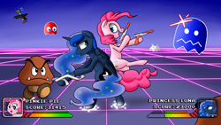 Size: 1920x1080 | Tagged: safe, artist:victoreach, pinkie pie, princess luna, alicorn, duck, earth pony, pony, arcade, controller, crossover, duck hunt, gamer luna, goomba, pac-man, super mario bros., video game, wallpaper, zapper