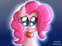 Size: 1400x1050 | Tagged: safe, artist:darkpengi, pinkie pie, earth pony, pony, ball, bust, female, glow, gradient background, looking at you, looking up, mare, mouth hold, portrait, shiny eyes, solo