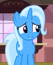 Size: 683x833 | Tagged: safe, derpibooru import, screencap, trixie, pony, unicorn, all bottled up, cropped, cute, diatrixes, female, front view, horn, looking away, mare, missing accessory, outdoors, sheepish grin, solo, standing, train station