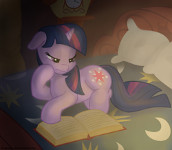 Size: 810x706 | Tagged: safe, artist:bswprecious, derpibooru import, twilight sparkle, bed, book, dark, floppy ears, frown, prone, reading, shadow, sleepy, solo