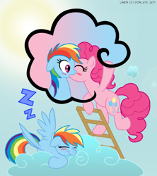 Size: 600x676 | Tagged: safe, artist:atomicgreymon, artist:don-ko, pinkie pie, rainbow dash, earth pony, pegasus, pony, blushing, colored, dream, female, kissing, lesbian, pinkiedash, shipping, sleeping, wingboner, zzz