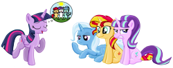 Size: 2444x969 | Tagged: safe, artist:majkashinoda626, derpibooru import, starlight glimmer, sunset shimmer, trixie, twilight sparkle, twilight sparkle (alicorn), alicorn, pony, angry, bored, counterparts, do not want, eyes closed, female, frown, glare, gritted teeth, lecture, magical quartet, mare, open mouth, prone, simple background, sitting, smiling, transparent background, twilight's counterparts, varying degrees of want, vector, want