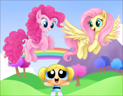 Size: 2314x1818 | Tagged: safe, artist:mn27, fluttershy, pinkie pie, earth pony, pegasus, pony, bubbles (powerpuff girls), bunny ears, crossover, female, mare, rainbow, the powerpuff girls