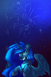 Size: 1599x2393 | Tagged: safe, artist:snowsky-s, princess luna, alicorn, pony, constellation, grin, solo, spread wings, stars