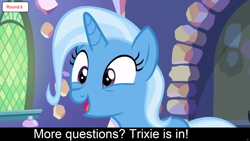 Size: 1920x1080 | Tagged: safe, derpibooru import, trixie, pony, unicorn, comic:celestia's servant interview, caption, cs captions, cute, diatrixes, female, happy, interview, kitchen, mare, solo, twilight's castle