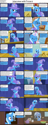 Size: 1282x3304 | Tagged: safe, derpibooru import, trixie, pony, unicorn, comic:celestia's servant interview, caption, comic, cookie, cs captions, cute, diatrixes, female, food, interview, mare, nom, ponyville, teapot, trixie's wagon