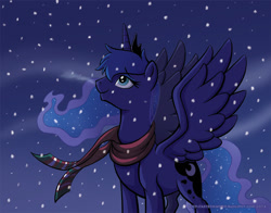 Size: 1008x792 | Tagged: safe, artist:raynesgem, princess luna, alicorn, pony, breath, clothes, female, mare, scarf, snow, snowfall, solo, spread wings, winter