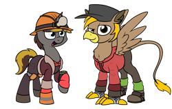 Size: 2637x1665 | Tagged: safe, artist:moonatik, derpibooru import, oc, oc only, oc:geartooth, oc:pad, griffon, pony, unicorn, 2020 community collab, boots, clothes, commission, derpibooru community collaboration, engineer, gloves, griffon oc, hard hat, hat, hoodie, light bulb, male, pipboy, scout, shoes, simple background, socks, stallion, team fortress 2, transparent background, wings