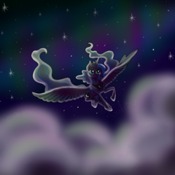 Size: 2800x2800 | Tagged: safe, artist:skylethrin, princess luna, alicorn, pony, cloud, flying, night, solo, stars
