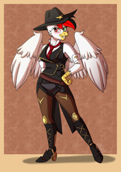 Size: 2600x3700 | Tagged: safe, artist:jack-pie, derpibooru import, oc, oc only, anthro, griffon, plantigrade anthro, anthro oc, ashe (overwatch), clothes, cosplay, costume, female, griffon oc, heterochromia, high res, looking at you, overwatch, smiling, solo