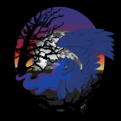 Size: 1024x1023 | Tagged: safe, artist:alektorotelumphobia, princess luna, alicorn, pony, moon, solo, tree