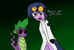Size: 747x500 | Tagged: safe, artist:spikeandfriends, derpibooru import, spike, twilight sparkle, dragon, robot, clothes, cosplay, goggles, halloween, jack spicer, lab coat, leather, mad scientist