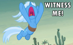 Size: 692x427 | Tagged: safe, derpibooru import, edit, edited screencap, screencap, trixie, pony, unicorn, road to friendship, cactus, female, mad max, mad max fury road, mare, rope, screaming, solo, text, witness me