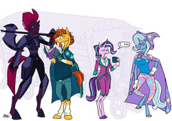 Size: 1280x905 | Tagged: safe, artist:ursa, derpibooru import, starlight glimmer, sunburst, tempest shadow, trixie, anthro, unguligrade anthro, unicorn, armor, axe, battle axe, book, clothes, colored hooves, cup, empathy cocoa, i mean i see, size chart, size comparison, size difference, trixie's wagon, weapon
