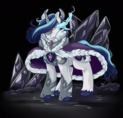 Size: 1964x1879 | Tagged: safe, artist:mlpfwb, king sombra, shining armor, pony, unicorn, armor, black background, corrupted, crystal, dark crystal, dark magic, fangs, grin, magic, male, role reversal, simple background, smiling, solo, sombra eyes, stallion