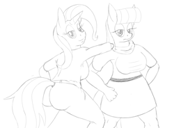 Size: 1087x802 | Tagged: safe, artist:keboponda, derpibooru import, maud pie, trixie, anthro, 30 minute art challenge, female, lesbian, mauxie, shipping