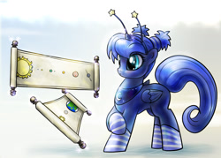 Size: 1400x1000 | Tagged: source needed, safe, artist:foxi-5, princess luna, alicorn, pony, alternate hairstyle, antennae, blushing, clothes, cute, filly, heliocentric theory, levitation, lunabetes, magic, paper, pigtails, raised hoof, socks, solar system, solo, space, striped socks, telekinesis, woona