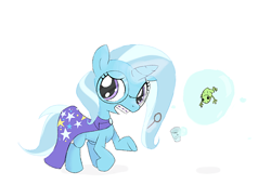 Size: 676x462 | Tagged: artist needed, safe, derpibooru import, trixie, frog, pony, unicorn, braces, bubble, cape, clothes, female, mare, solo, younger