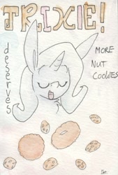 Size: 705x1045 | Tagged: safe, artist:slightlyshade, derpibooru import, trixie, pony, unicorn, cookie, food, solo, traditional art