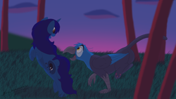 Size: 1632x918 | Tagged: safe, artist:megaanimationfan, derpibooru import, oc, oc only, oc:gerald, oc:midnight, alicorn, griffon, alicorn oc, couple, evening, female, frolic, grass, griffon oc, happy, male, non-pony oc, oc x oc, playing, shipping, signature, tree